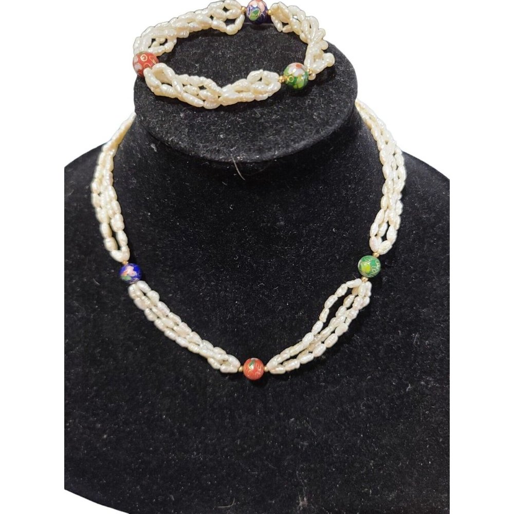 Pearl Strand Necklace And Bracelet 14 K Gold Clasp cloisenne beads